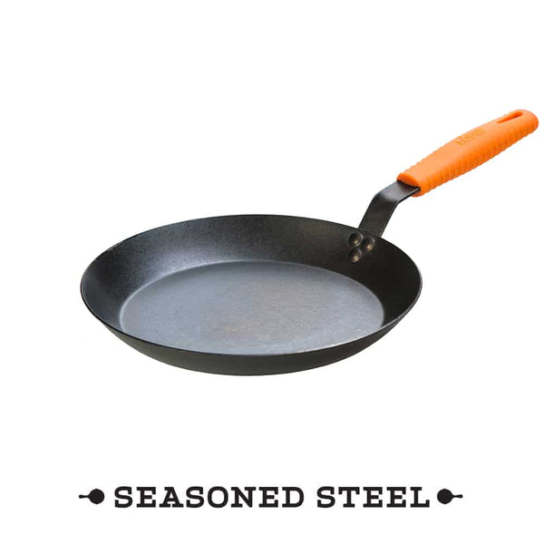 30.48 Cm Seasoned Carbon Steel Skillet with Orange Silicone Handle Holder
